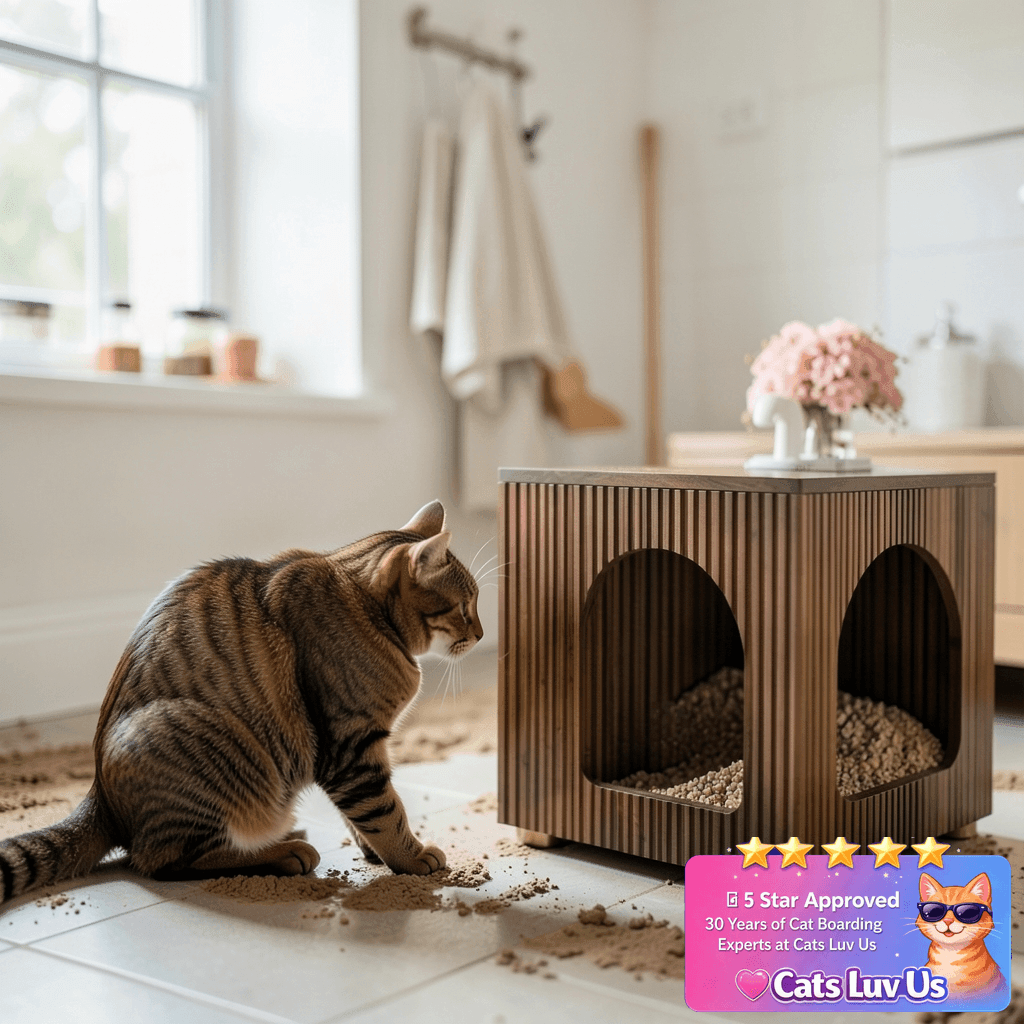 Amunrbrek Small Litter Box Enclosure with cat - professional product lifestyle photo