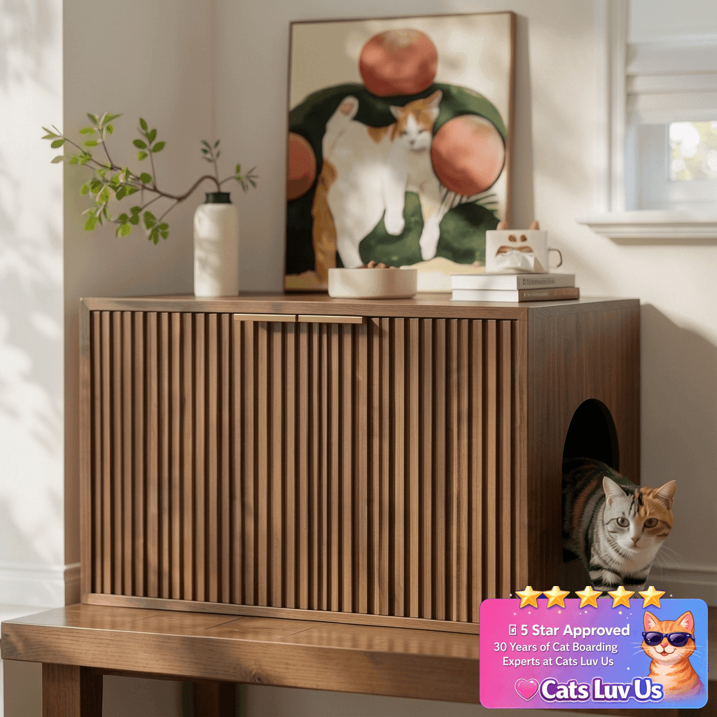 Evermagin 31.5" Walnut Cat Litter Box Enclosure Furniture with cat - professional product lifestyle photo
