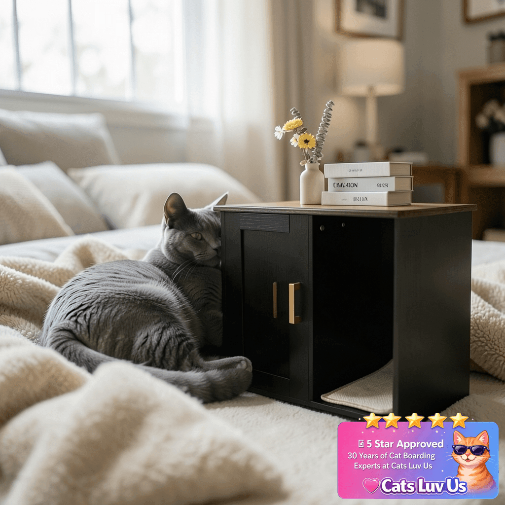 DWANTON Litter Box Enclosure with cat - professional product lifestyle photo