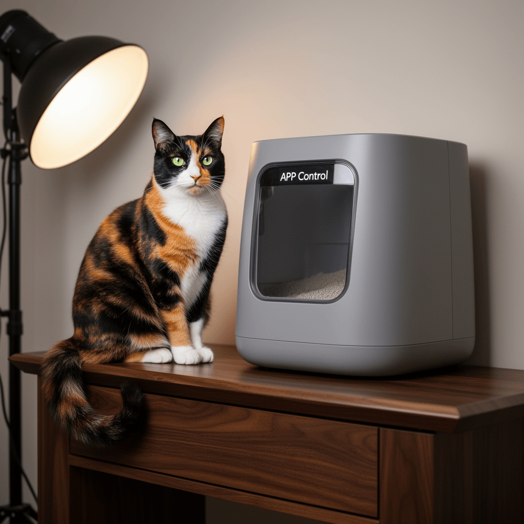 Automatic Cat Litter Box Self Cleaning - APP Control and with cat - professional product lifestyle photo