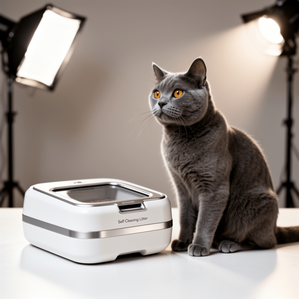 Self Cleaning Litter Box with cat - professional product lifestyle photo