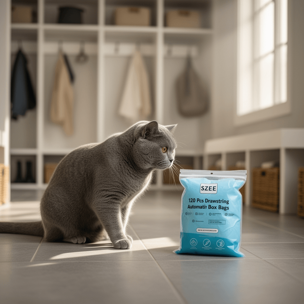 SZEE 120 Pcs Drawstring Automatic Litter Box Bags with cat - professional product lifestyle photo