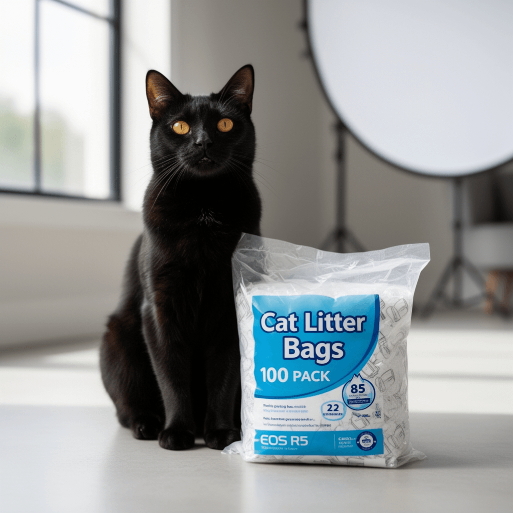 Cat Litter Bags 100 Pack with cat - professional product lifestyle photo