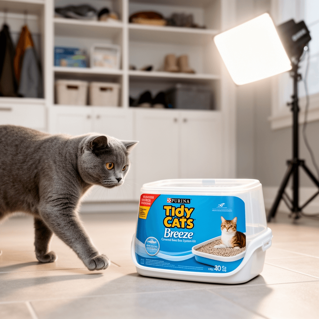Purina Tidy Cats Breeze Covered Cat Litter Box System Kit with cat - professional product lifestyle photo