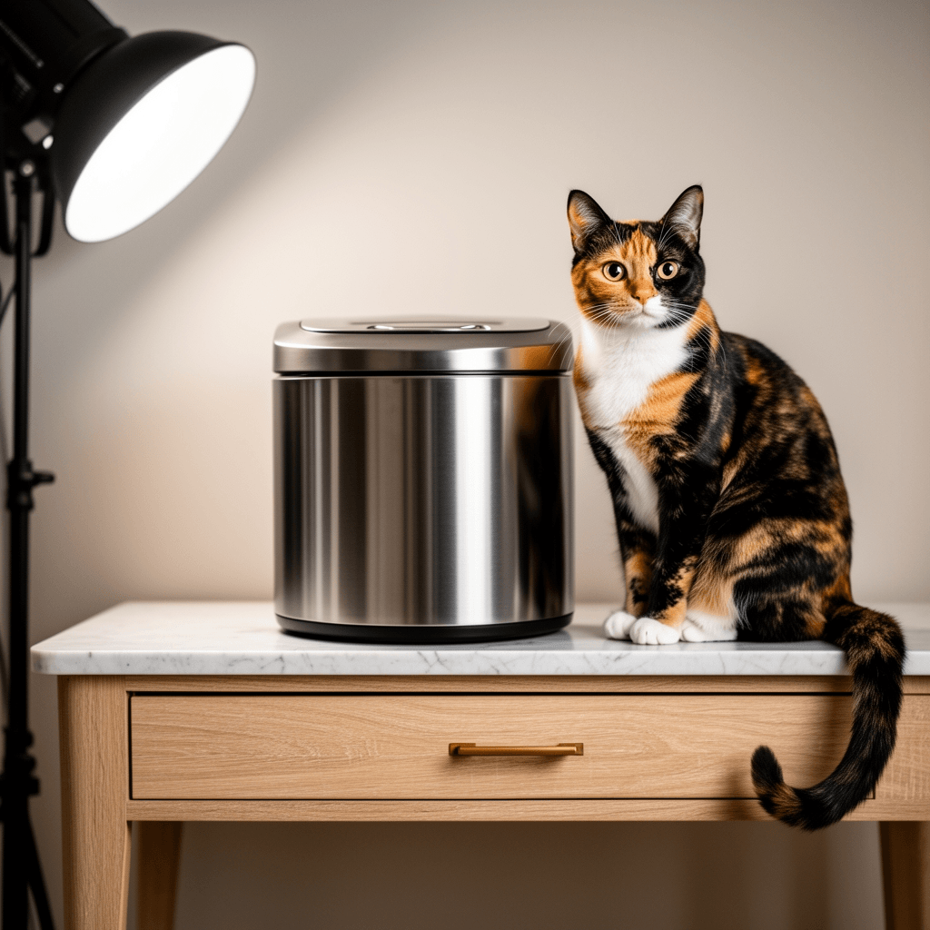 Stainless Steel Litter Box with Lid with cat - professional product lifestyle photo