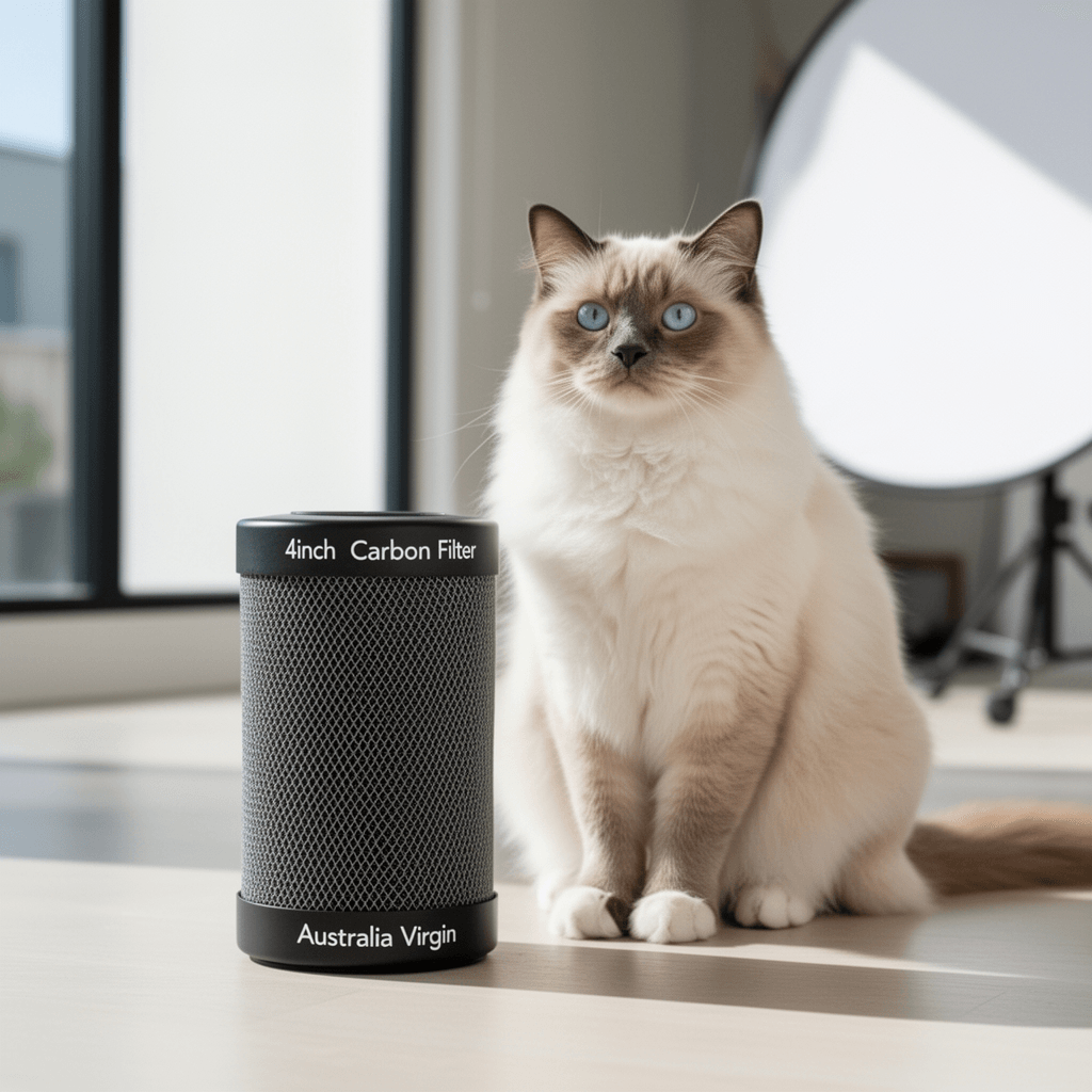 4inch Carbon Filter Odor Control with Australia Virgin with cat - professional product lifestyle photo