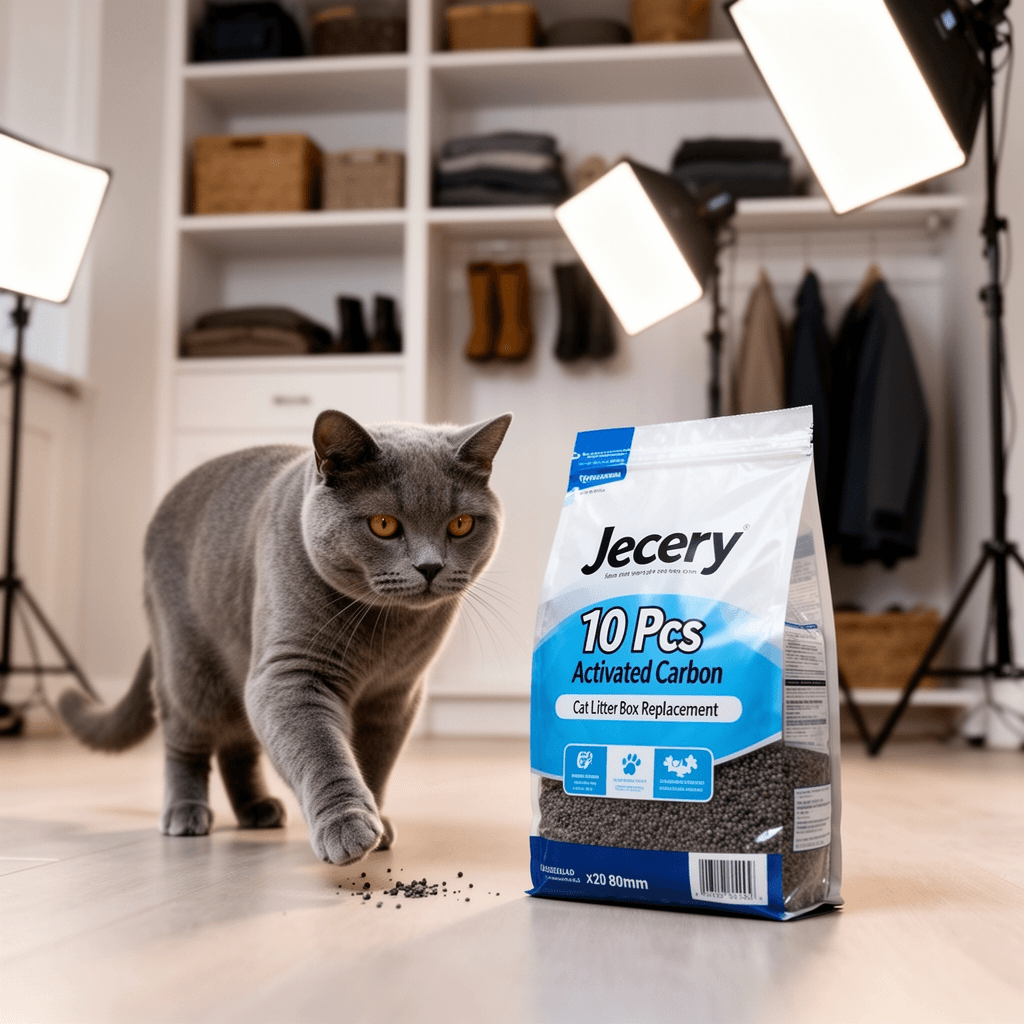 Jecery 10 Pcs Activated Carbon Cat Litter Box Replacement with cat - professional product lifestyle photo
