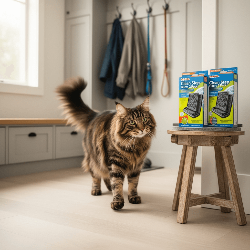 Booda Clean Step Filters 2 Pack with cat - professional product lifestyle photo