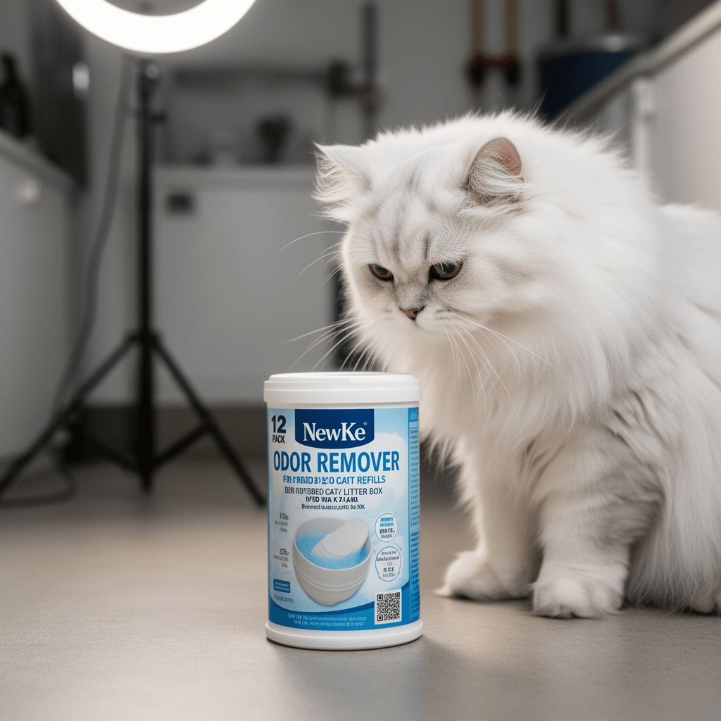 NewKe 12 Pack Odor Remover Refills for Hooded Cat Litter Box with cat - professional product lifestyle photo