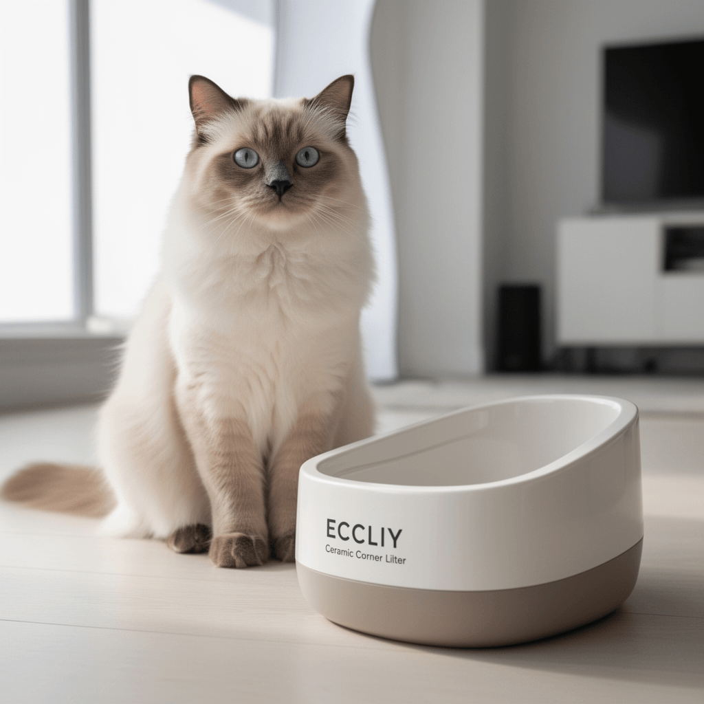 Eccliy Ceramic Corner Litter Box for Small Pets with cat - professional product lifestyle photo
