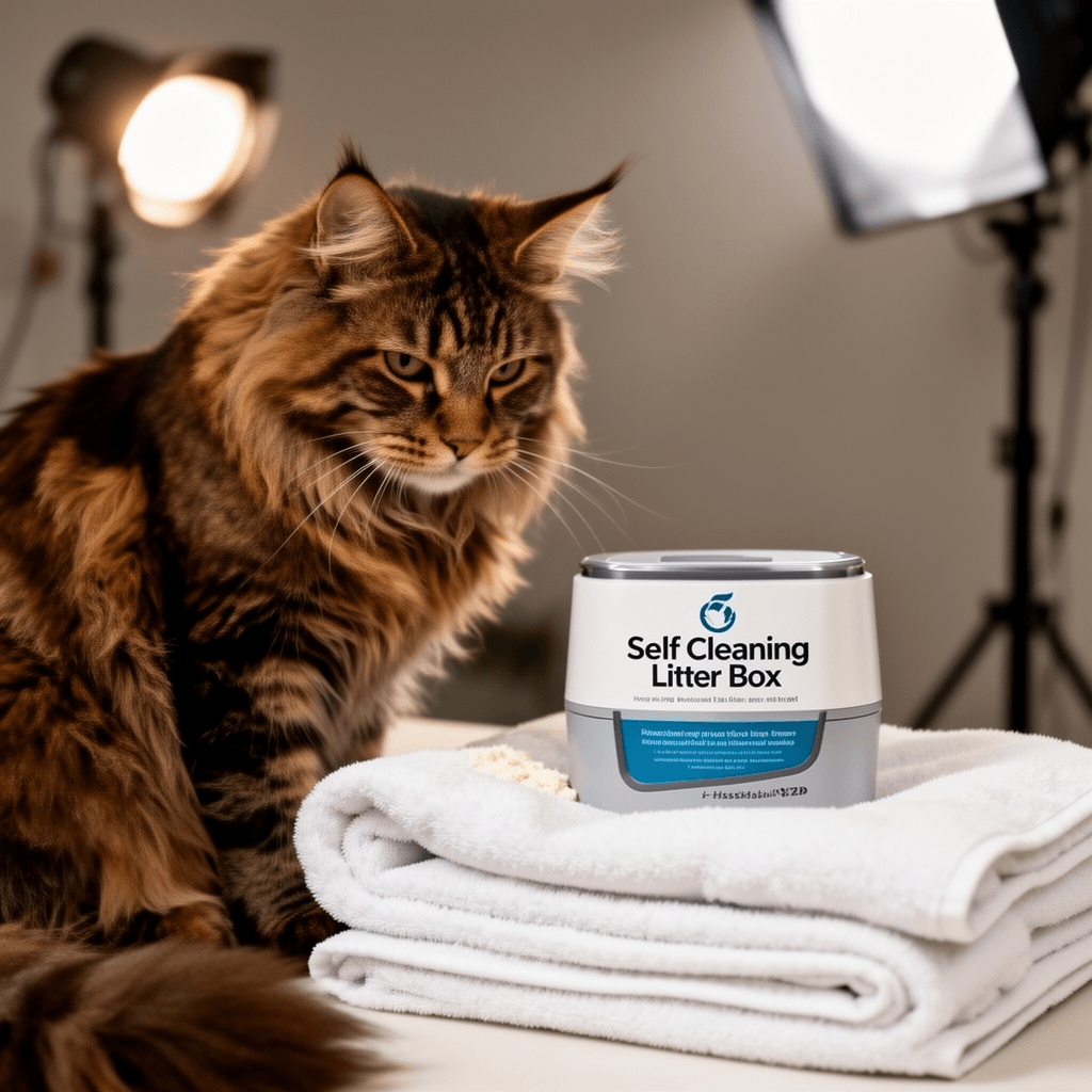 Self Cleaning Litter Box with cat - professional product lifestyle photo