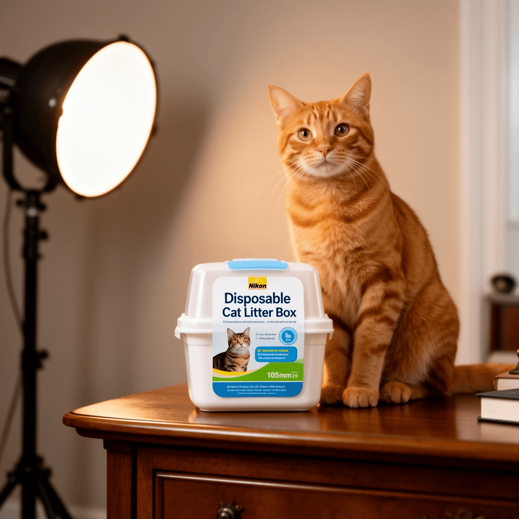 Disposable Cat Litter Box with cat - professional product lifestyle photo