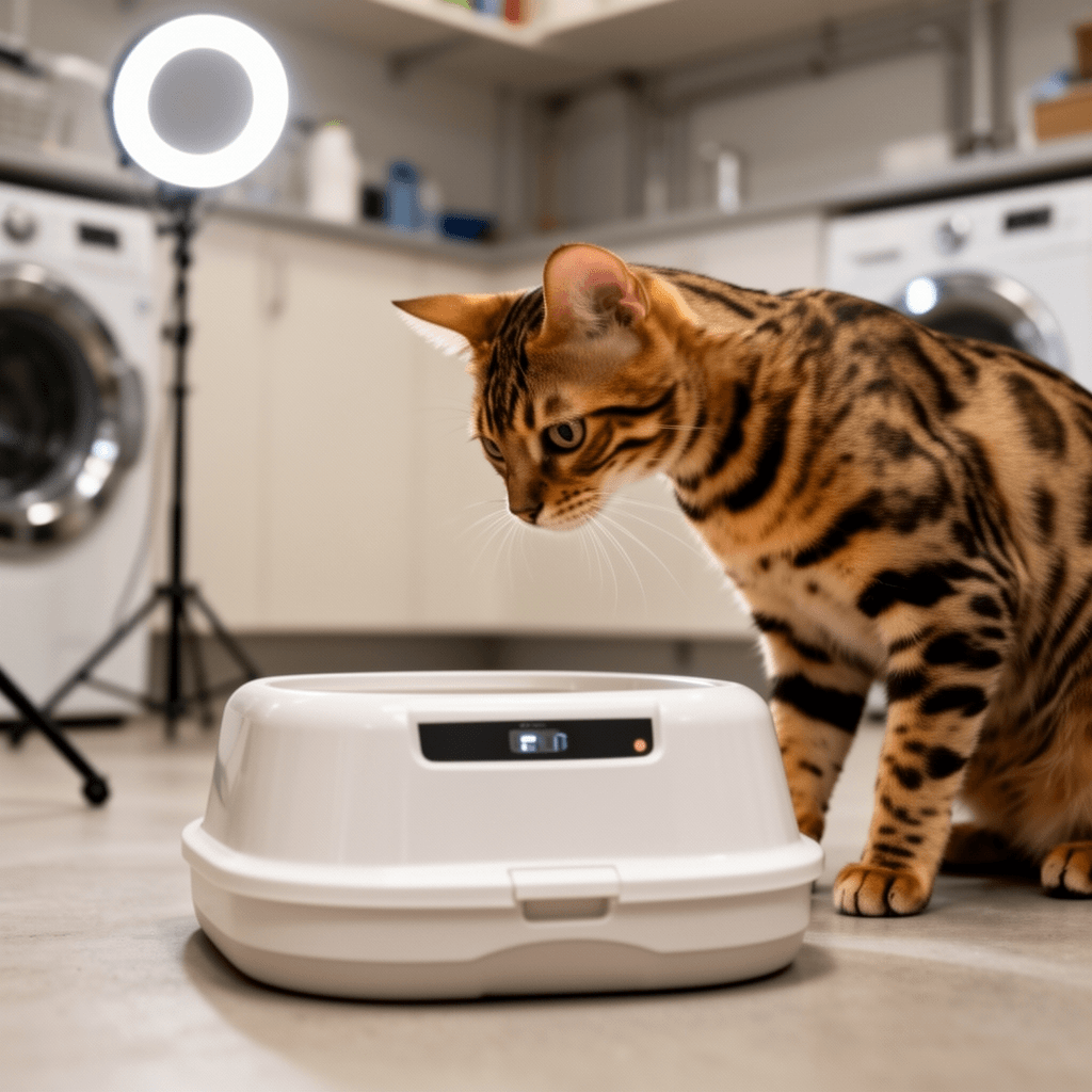 Cat Litter Box Enclosure with cat - professional product lifestyle photo