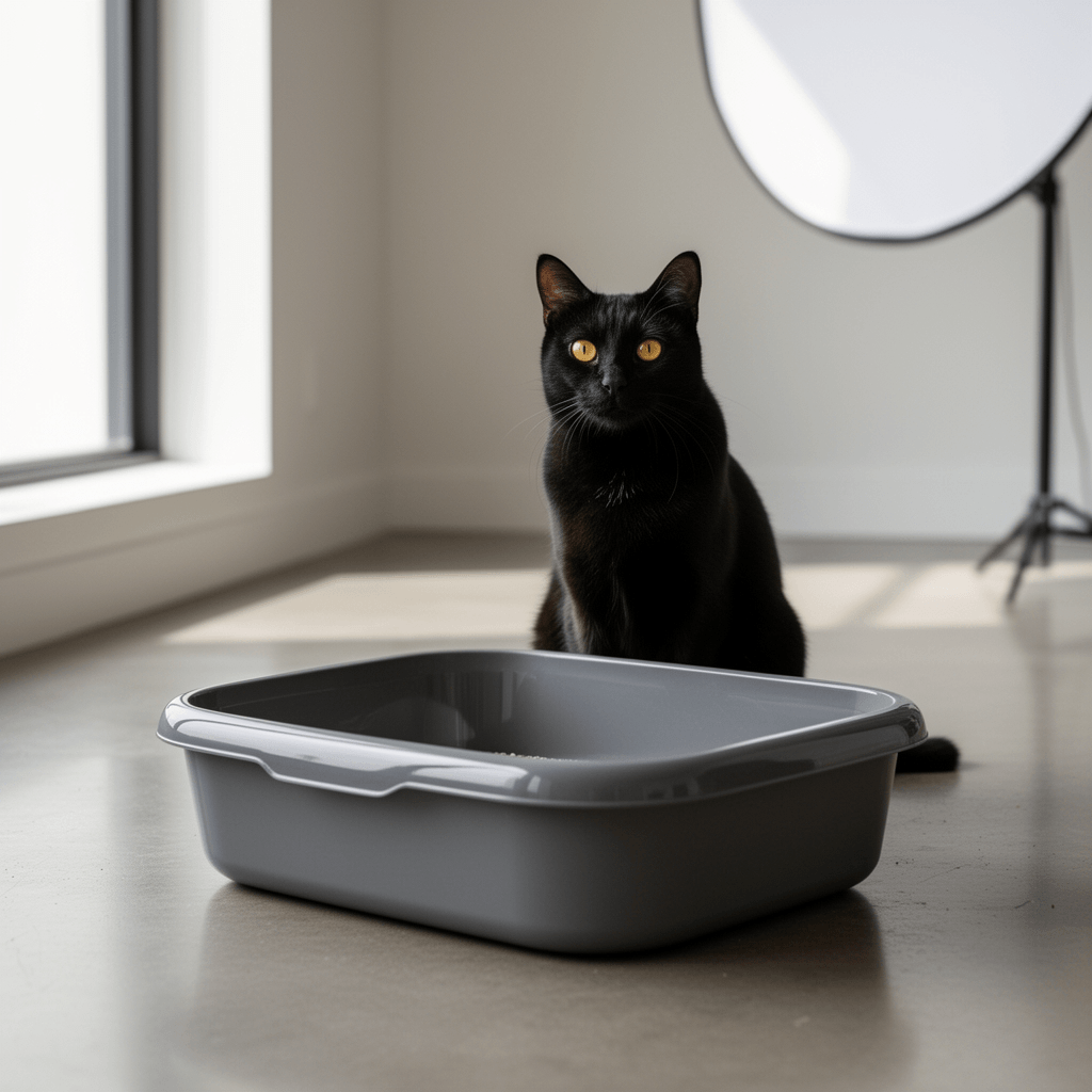 Amazon Basics Large Cat Litter Box with High Sides with cat - professional product lifestyle photo