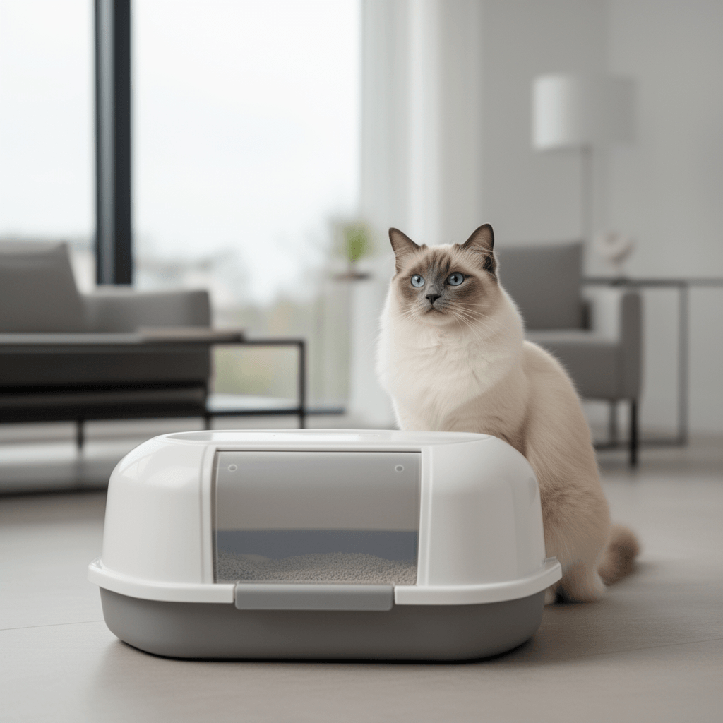 IRIS USA Jumbo Enclosed Cat Litter Box with Front Door Flap with cat - professional product lifestyle photo