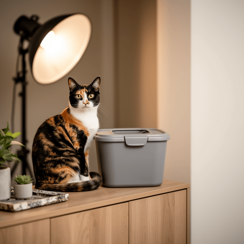 Amazon Basics Cat Litter Box with Lid with cat - professional product lifestyle photo