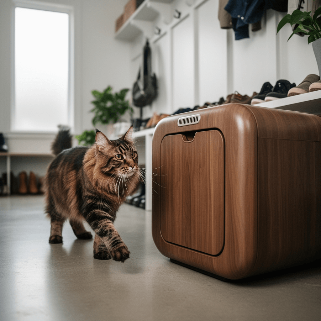 Cat Litter Box Enclosure with cat - professional product lifestyle photo