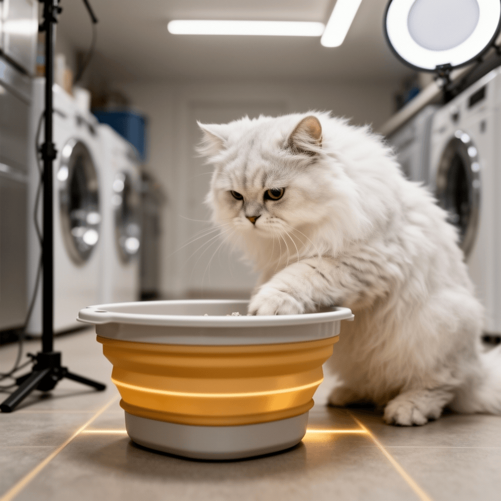 Collapsible Kitten Litter Box with cat - professional product lifestyle photo