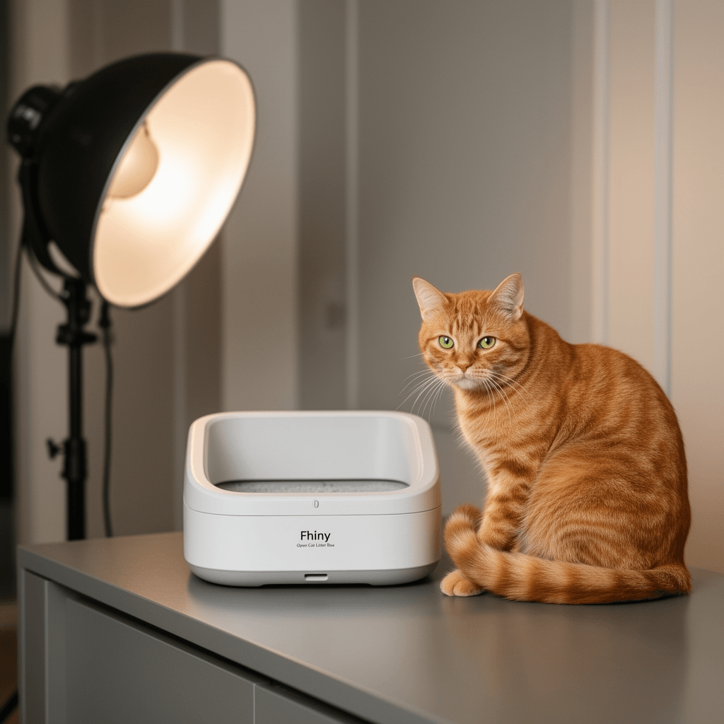Fhiny Open Cat Litter Box with cat - professional product lifestyle photo