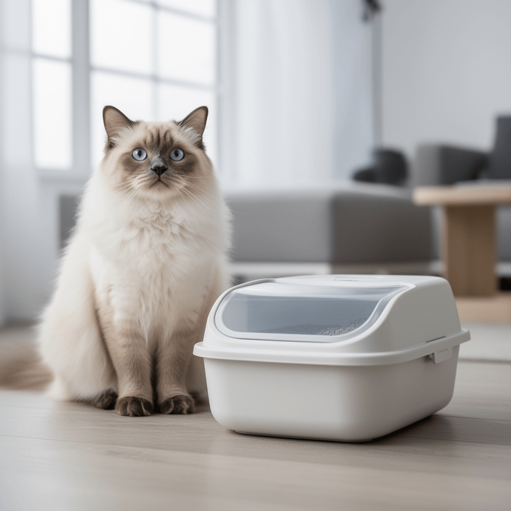 Amazon Basics No-Mess Hooded Enclosed Cat Litter Box with with cat - professional product lifestyle photo