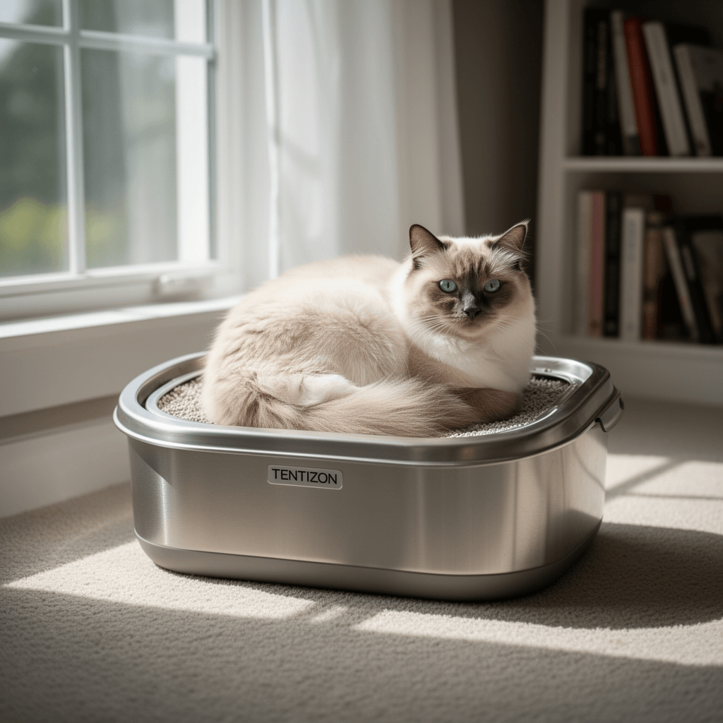 TENTIZON Stainless Steel Cat Litter Box with Lid with cat - professional product lifestyle photo