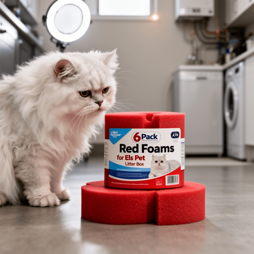 6 Pack Red Foams for Els Pet Litter Box with cat - professional product lifestyle photo