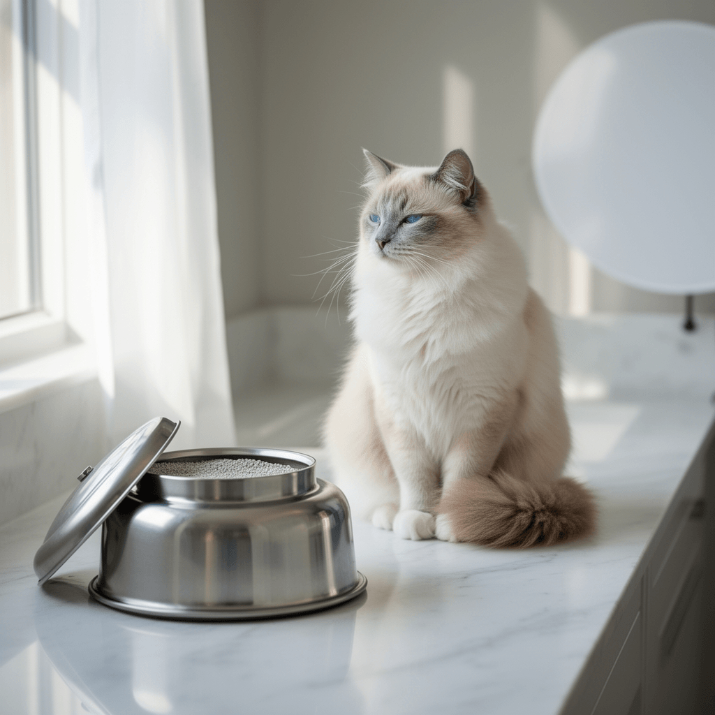 Henkelion Stainless Steel Cat Litter Box with Lid with cat - professional product lifestyle photo