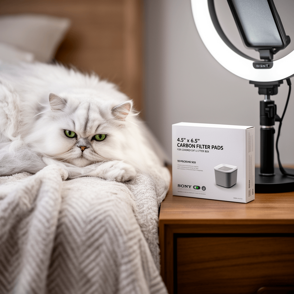 Cat Litter Box Replacement Carbon Charcoal Filters with cat - professional product lifestyle photo