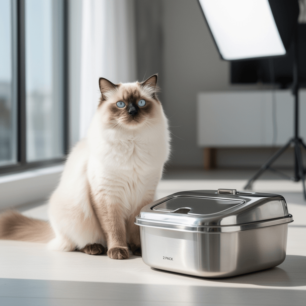 2 Pack Stainless Steel Cat Litter Box with Lid with cat - professional product lifestyle photo