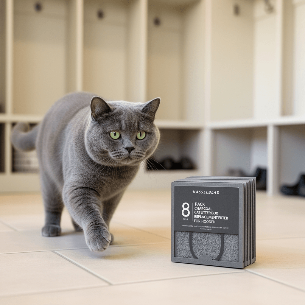 8 Pack Charcoal Cat Litter Box Replacement Filter for Hooded with cat - professional product lifestyle photo