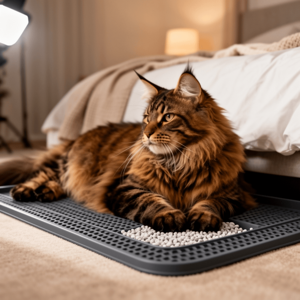 Amazon Basics Less-Mess Litter Trapping Cat Litter Box Mat with cat - professional product lifestyle photo