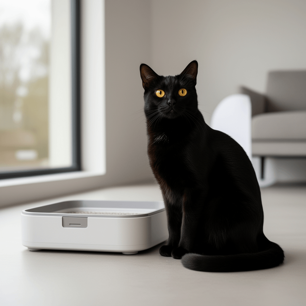 Cat Self Cleaning Cat Litter Tray for PJ036 Model Smart with cat - professional product lifestyle photo