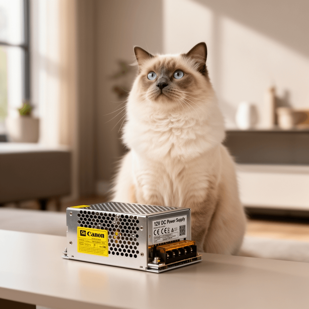 12V DC Power Supply with cat - professional product lifestyle photo