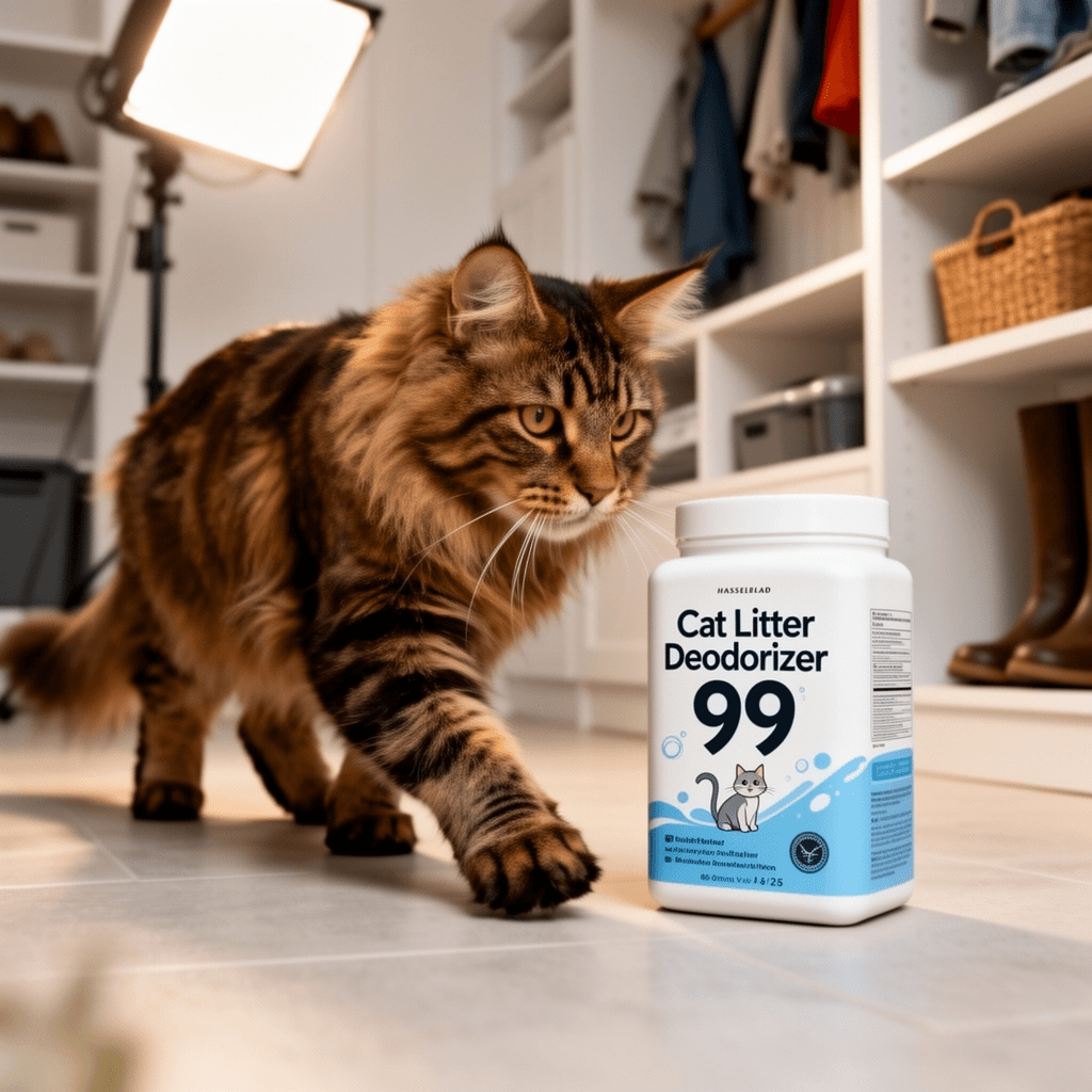 Cat Litter Deodorizer 99 with cat - professional product lifestyle photo