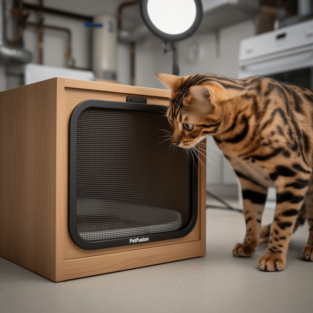 PetFusion Privacy Screen Cat Litter Box Furniture with cat - professional product lifestyle photo