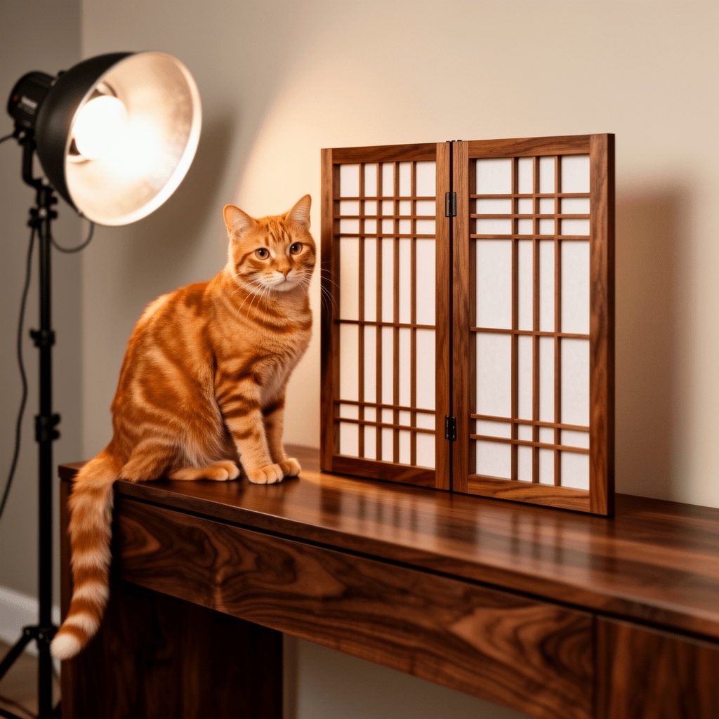 2 ft. Short Desktop Double Cross Shoji Screen - Walnut - 6 with cat - professional product lifestyle photo