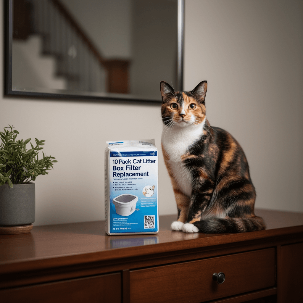 10 Pack Cat Litter Box Filter Replacement with cat - professional product lifestyle photo