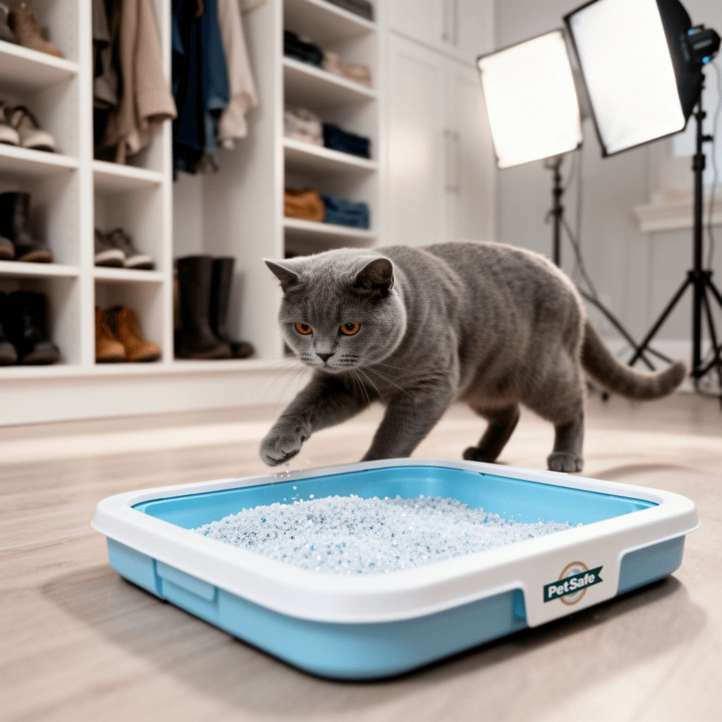 PetSafe ScoopFree Reusable Tray with Crystal Litter - with cat - professional product lifestyle photo