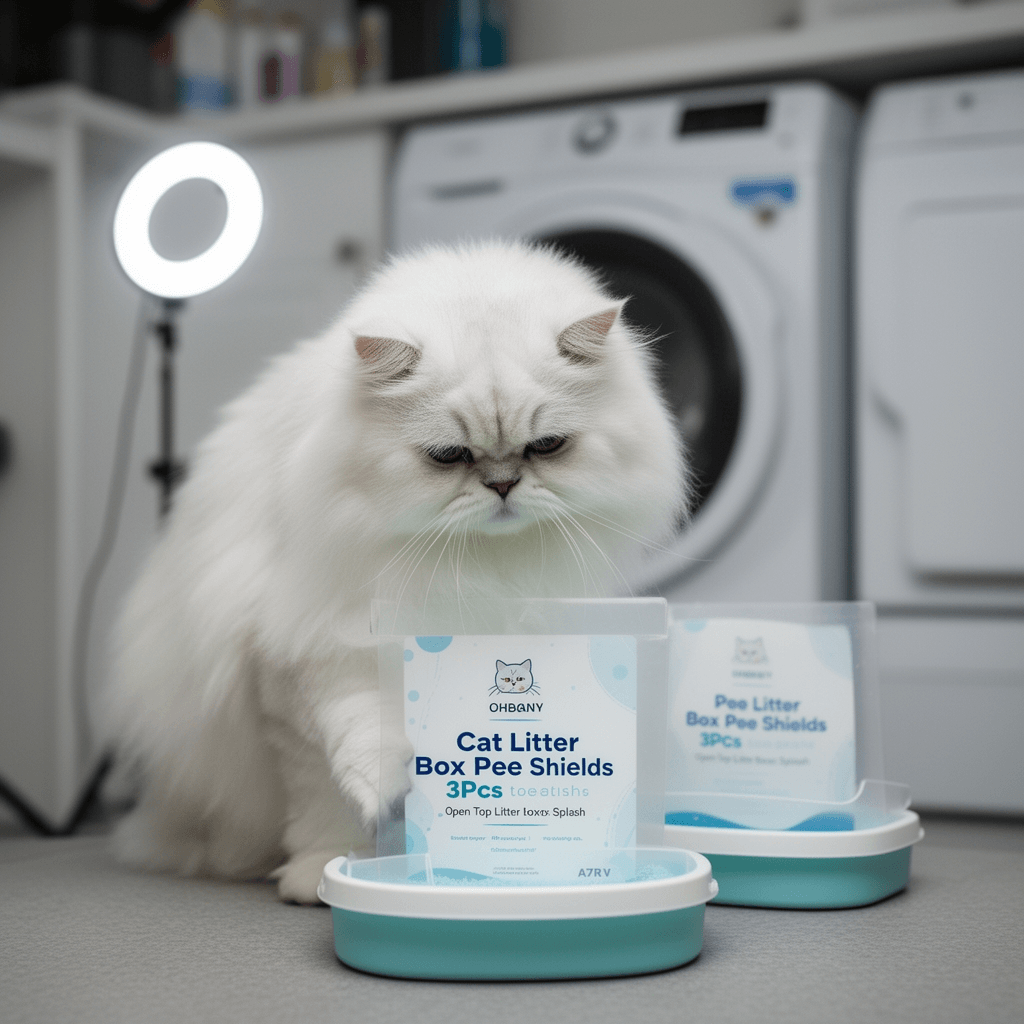3Pcs Cat Litter Box Pee Shields - Open Top Litter Box Splash with cat - professional product lifestyle photo