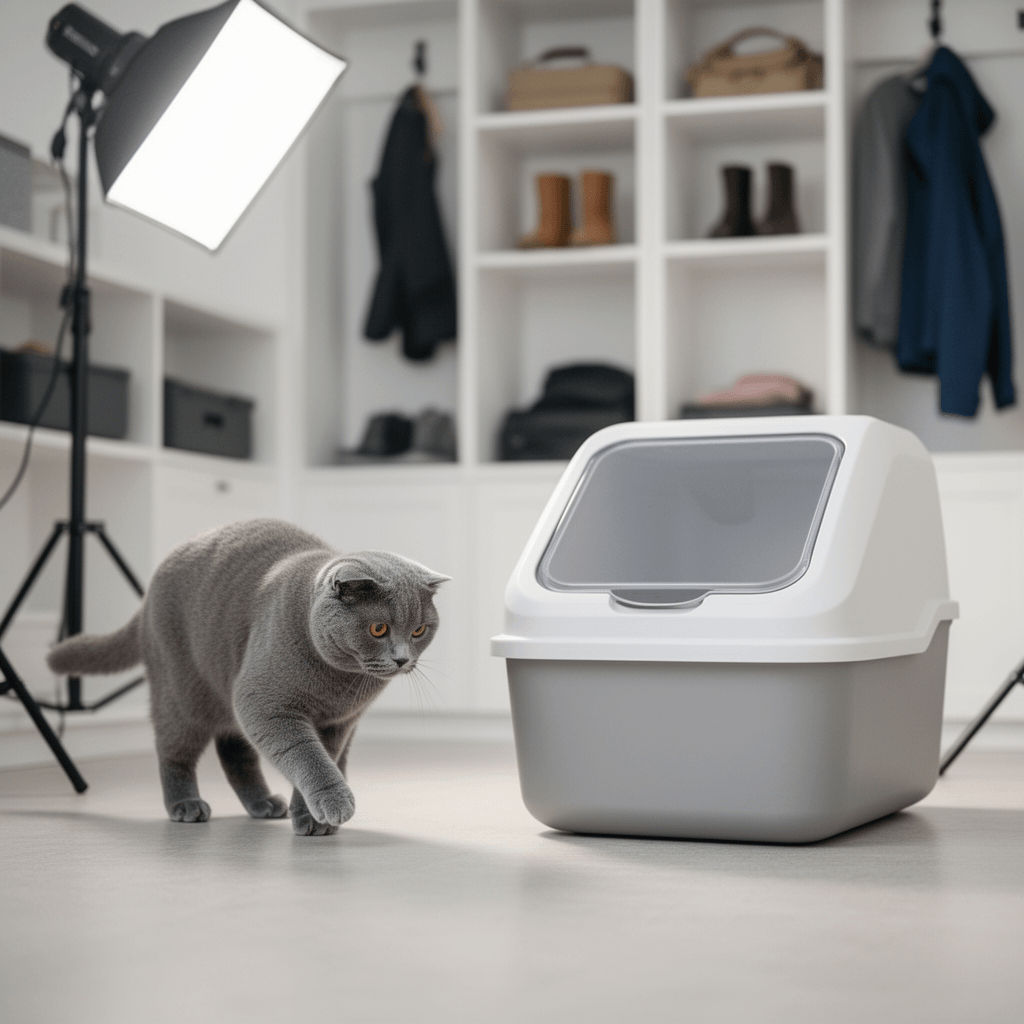 Upgraded Fully Enclosed Cat Litter Box with Lid with cat - professional product lifestyle photo