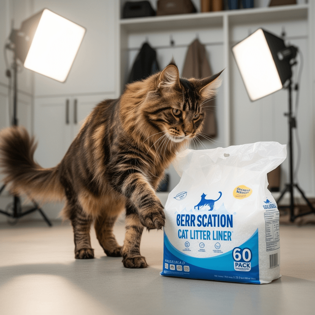 60 Pack Cat Litter Liner with cat - professional product lifestyle photo