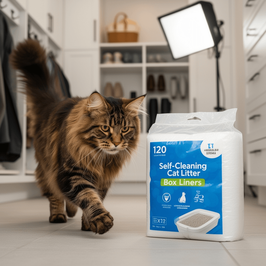 120 Count Self-Cleaning Cat Litter Box Liners Bag with cat - professional product lifestyle photo