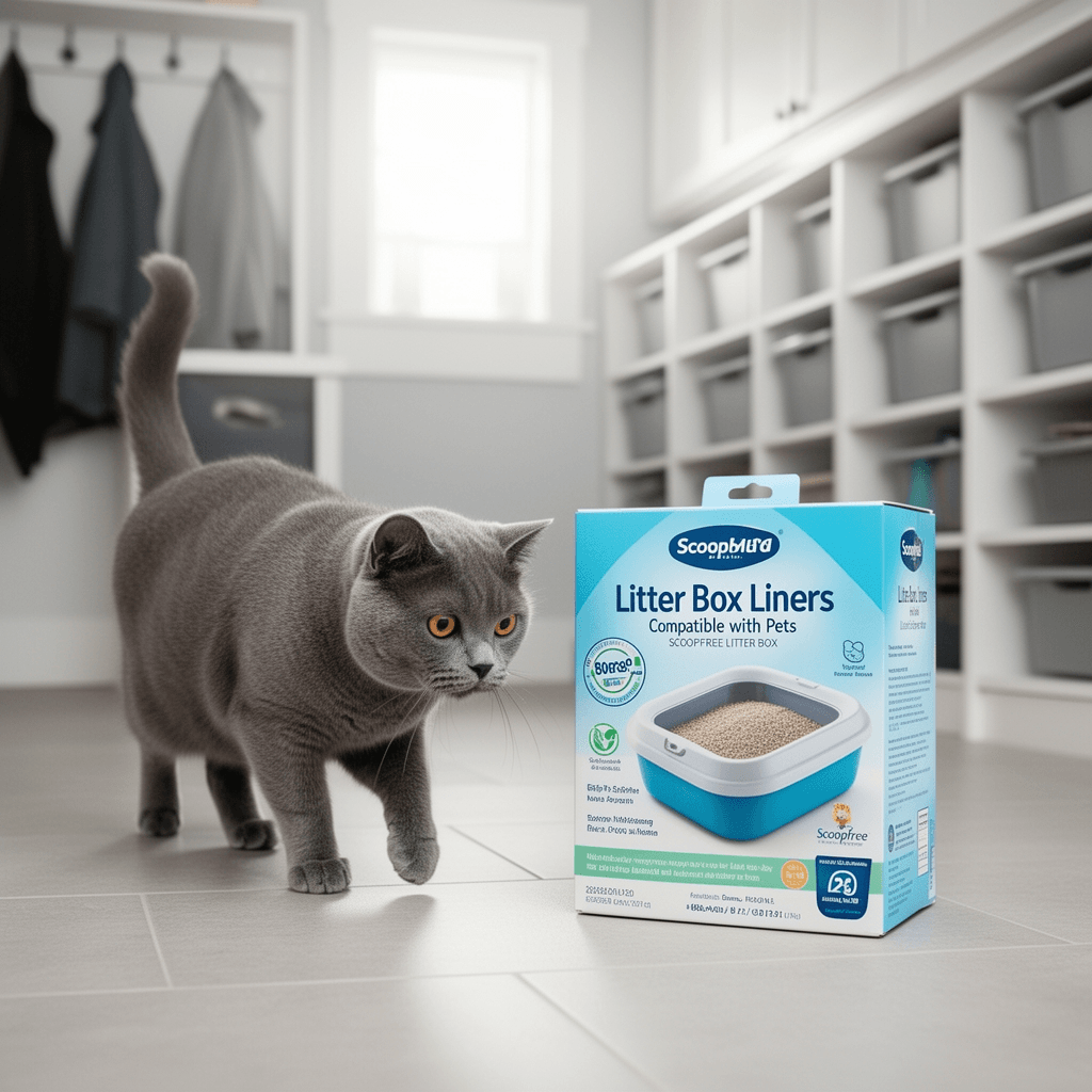 Litter Box Liners Compatible with Pets Scoopfree Litter Box with cat - professional product lifestyle photo