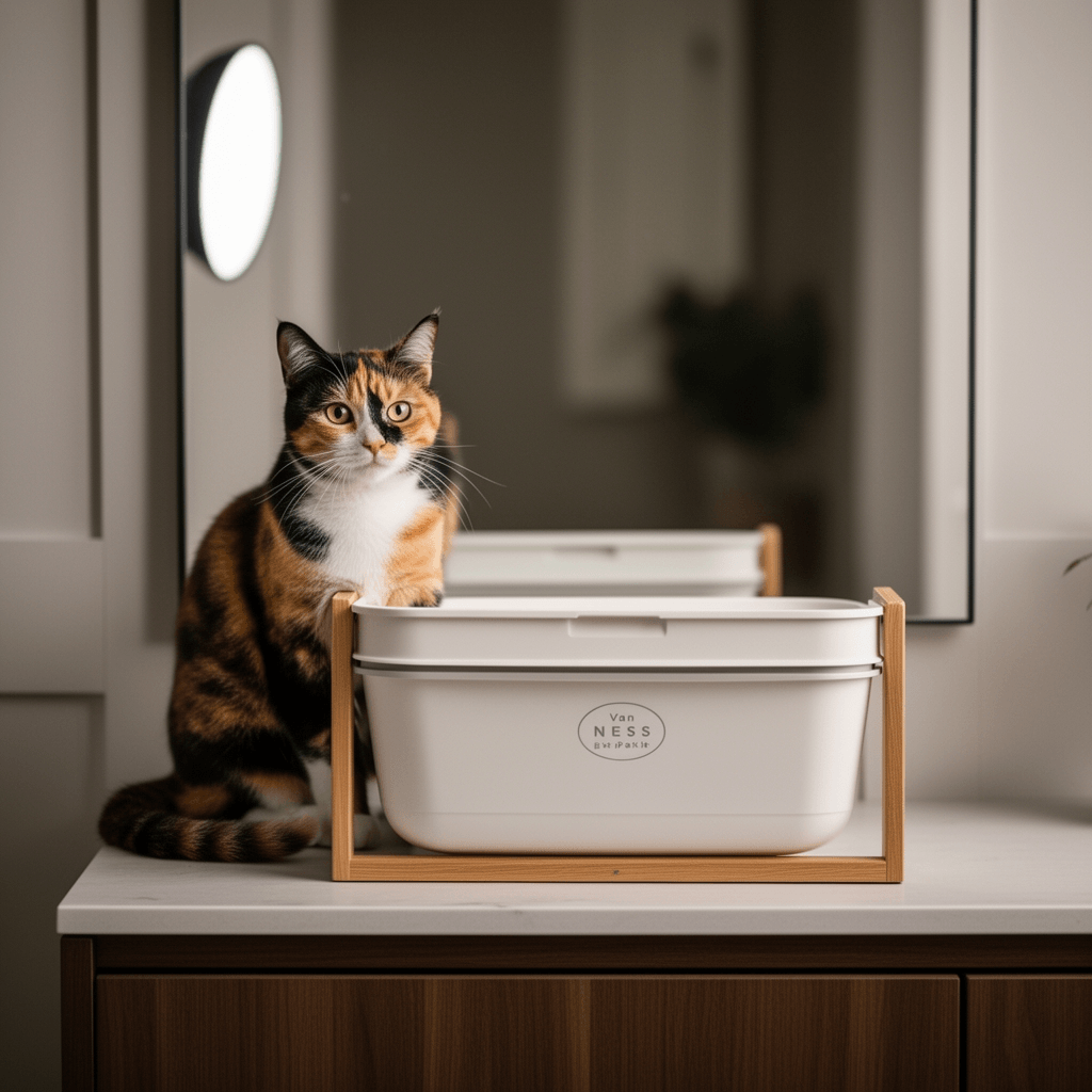Van Ness Pets Large High Sided Cat Litter Box with Frame with cat - professional product lifestyle photo