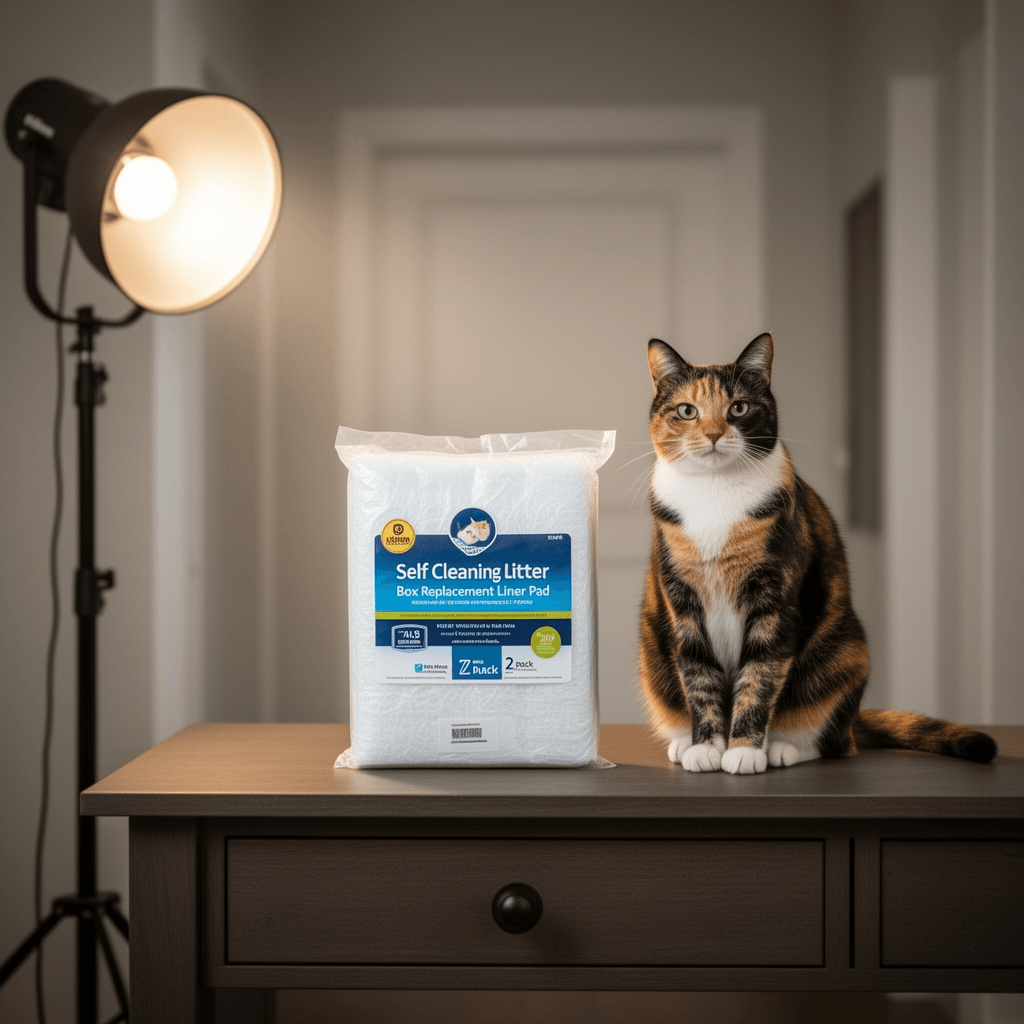 Self Cleaning Litter Box Replacement Liner Pad - 2 Pack with cat - professional product lifestyle photo