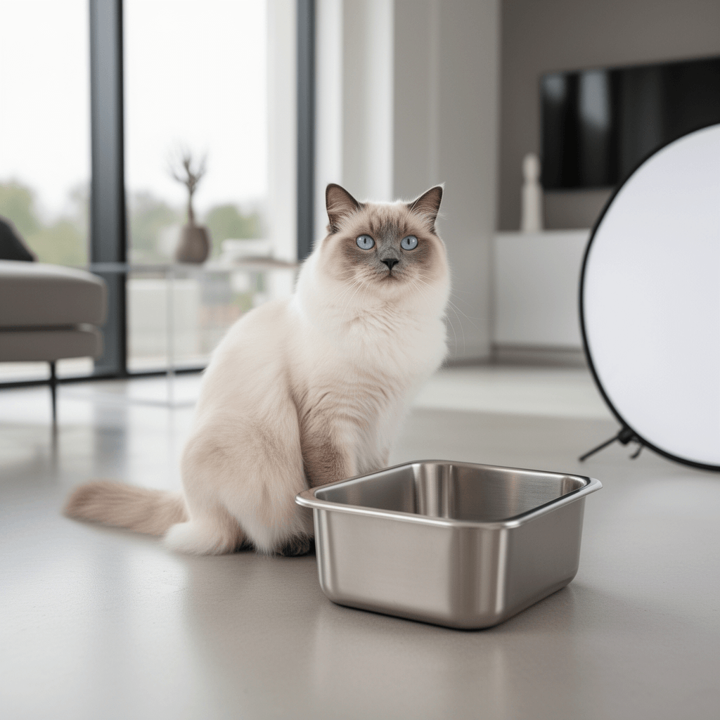 Stainless Steel Reusable Litter Tray Compatible with Petsafe with cat - professional product lifestyle photo