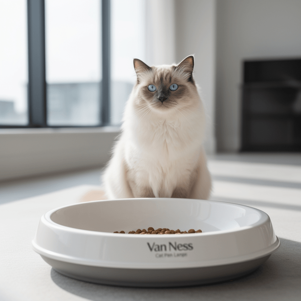 Van Ness Cat Pan Large with cat - professional product lifestyle photo