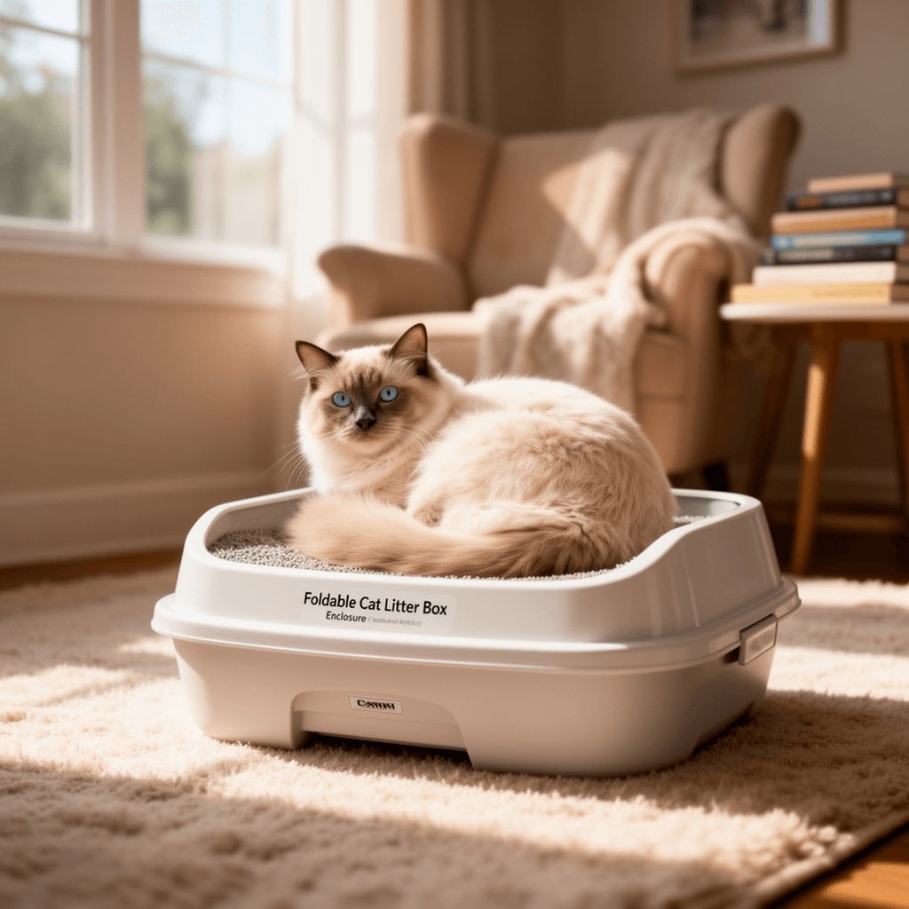 Foldable Cat Litter Box Enclosure with cat - professional product lifestyle photo