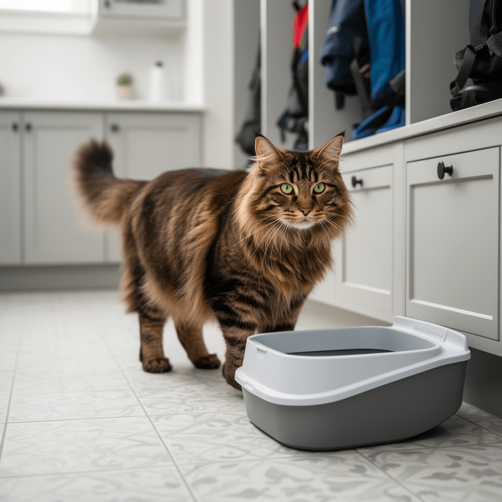 Litter Box Splash Guard with cat - professional product lifestyle photo