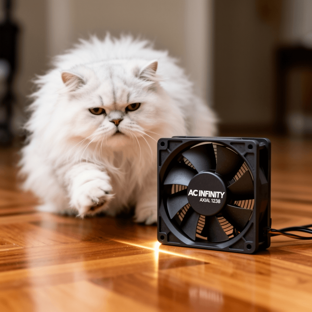 AC Infinity AXIAL 1238 with cat - professional product lifestyle photo